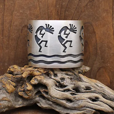 Vintage Hopi Satin Finish Sterling Silver Kokopelli Wide Cuff Bracelet • $855