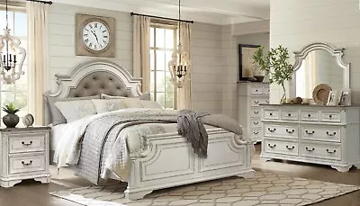 Antique White Traditional Bedroom 4pc Set Queen Bed Nightstand Dresser Mirror • $2099