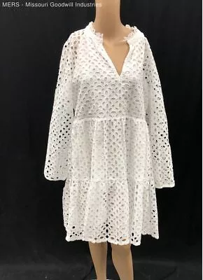 J. Crew White Long Sleeve Rebecca Eyelet Tiered Dress W/Lined Pockets - Size L • $23.50