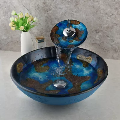£144 • Buy Hand Painting Tempered Glass Bathroom Basin Vanity Bowl Vessel Sink Faucet Set