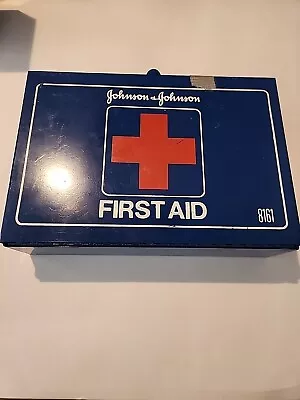 Vintage Johnson Johnson First Aid Kit #8161 Blue Metal Box Supplies Guide 1986 • $24.50