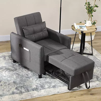 Single Chair Bed Pull Out Sleeper Chair With Adjustable Backrest Grey • £199.99