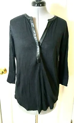 VINCE Black Linen Leather Trim Women's Top Size XS • $22.39