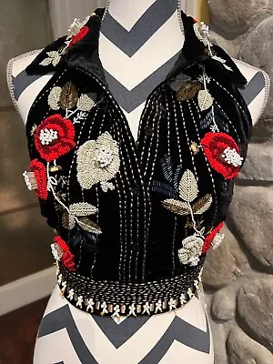 H&M Studio 2016 Black Velvet Beaded Floral Embroidery Vest • $179