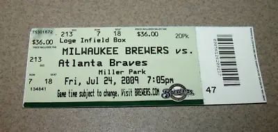 Milwaukee Brewers 7/24/2009 Ticket Stub Vs Atlanta Braves Chipper Jones HR Braun • $6.99