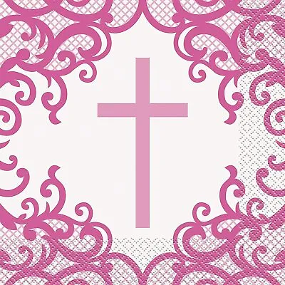 Pink Cross Paper Napkins Communion Confirmation Christening Party Serviette X 16 • £2.99