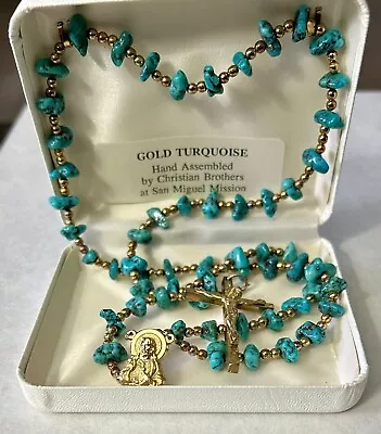 Rosary Turquoise Gold Tone San Miguel Mission Mexico Handmade New-n-Box 17” Drop • $24.50