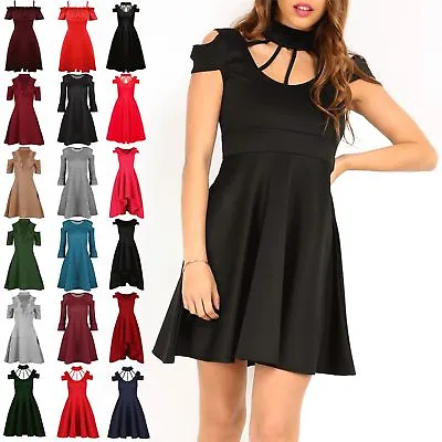 Womens Ladies Choker High Neck Cold Cut Shoulder Flared Swing Cage Skater Dress • £5.67