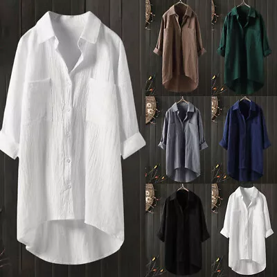 Plus Size Womens Cotton Linen Shirt Ladies Casual Baggy Loose Long Blouse Tops • £11.99