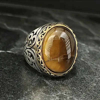 Men Oval Tiger Eye Gemstone Silver Ring  Silver Brown Tiger Eye Stone Ring • $55