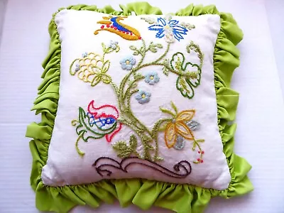 Vintage Embroidered Throw Pillow Floral Square Ruffle Green Multicolor 13  X 13  • $23.89