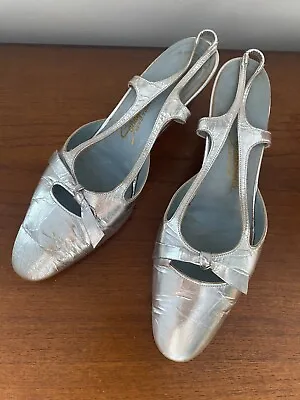 Vintage Schiaparelli Silver Shoes Sling Back Heels Strappy Bow 60s Size 7.5  • $148