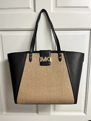 Michael Kors Karlie Lg Natural Straw Pebbled Black Leather Tote Bag Purse NEW • $147.77