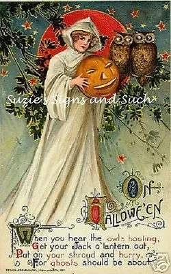 Fabric Block Halloween Vintage Witch Ghosts About Owl Jack O Lantern Moon • $8.99