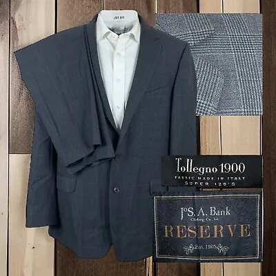 Jos A Bank Bespoke 2 Piece Suit Mens 46L 38x32 Gray Tartan Plaid Tollegno 1900 • $111.10