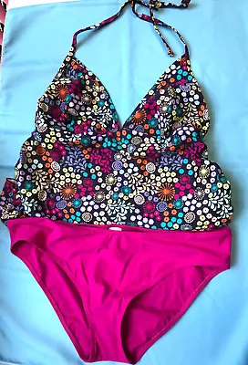 Maternity Tankini Pink Multi Top 38D Bottoms 38 UK16 Halter Neck By Anita BNWT • £9.50