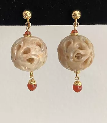 Vintage Trifari TM Earrings Clip On Carved Stone Spheres W Carnelian/Jasper? • $13