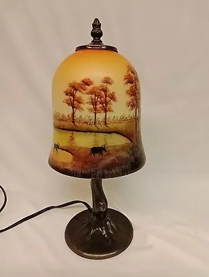 Hand Painted Landscape Frosted Glass Lamp Metal Tree Base • $25