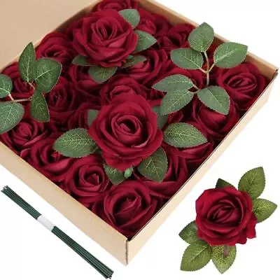 Red Artificial Roses 25PCS Red Velvet Roses Artificial Flowers Real Look Silk... • $29.44