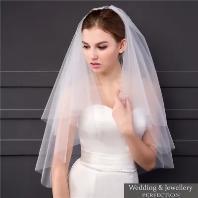 Ivory White 2t Bridal Wedding Veil Tulle With Comb Elbow Cut Edge Tier Satin NEW • £7.99