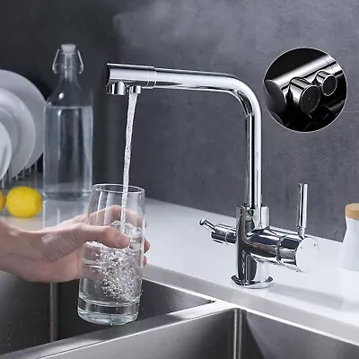 3 Way Pure Water Filter Kitchen Tap Dual Handle Swivel Sink Mixer Taps Chrome • £50