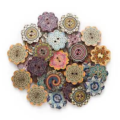 50pcs Painted Flower Wood Buttons For Handwork Sewing Scrapbook Clothing Crafts • $3.59