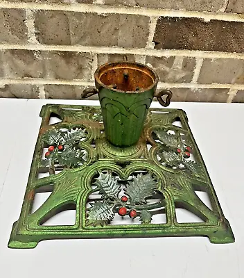 $77.77 • Buy Vintage Cast Iron Square HOLLY BERRY Christmas Tree Stand Rustic Square Heavy
