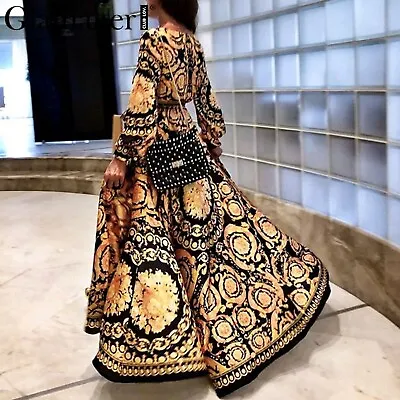 Hot Gift Baroque Italian Medusa Pattern Gold Black Vintage Style Maxi Long Dress • $47.17