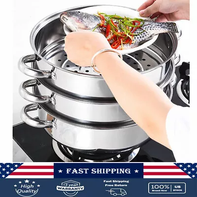 3 Tier Steamer Hot Pot Stainless Steel Cooker Steam Pot Food Cooking + Glass Lid • $40