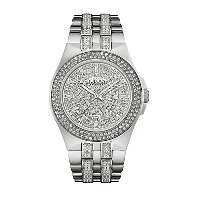 Bulova Men's Quartz Crystal Accents Pave Dial Silver-Tone 42mm Watch 96B235 • $228.99