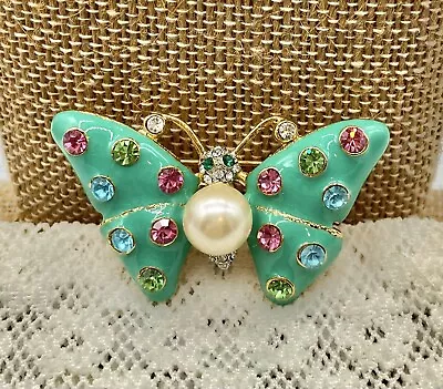 Vintage Brooch Pin Insect Blue Green Butterfly Bug Gold Tone  Rhinestone Enamel • $6.99