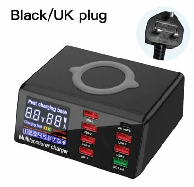 100W PD Desktop Charging Station Hub QC 3.0 USB 8 Port + Qi Wireless Charger UK • £29.95