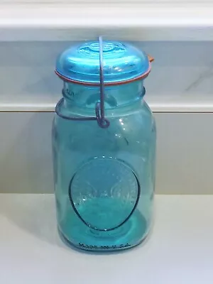 Vtg BICENTENNIAL BLUE IDEAL BALL JAR A11 Quart Lid Wire Bail Side 1976 Mason Jar • $9.99