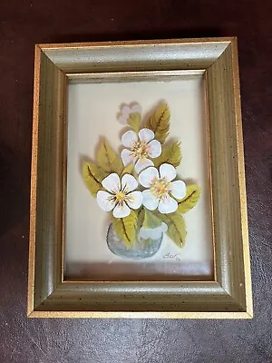 Vintage Original 3D Oil Handpainted Flowers On Layered Glass Signed 1976 • $15