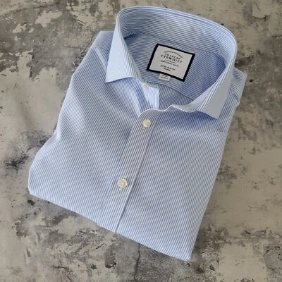 Charles Tyrwhitt Mens Blue Stripe 16  Extra Slim Shirt French Cuff 34  Sleeve • £21.95