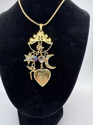 Kirks Folly Fairy Moon Star Heart Locket Gold Charm W/Snake Chain • $49.99