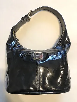 Vintage Dooney Bourke Bucket Purse Shiny Black Patent Leather Small Pink Inside • $39.95