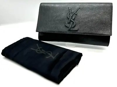 Yves Saint Laurent Black Clutch Bag Pouch YSL Logo Stitch Leather With Dust Bag • $380