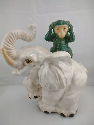 Majolica Ceramic Monkey Hear No Evil Riding A Elephant Capuchin Glazed Figurine • $100.99