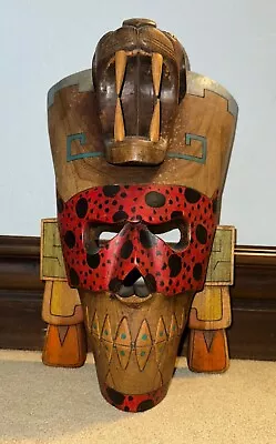 Aztec Mayan Carved Wood Totem Mask Art Wooden Mexican Mexico Jaguar Skull 16  • $24.99