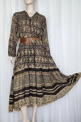 Vintage 70s Phool India Cotton Gauze Block Print Hippie Maxi Dress M/L • $193.23