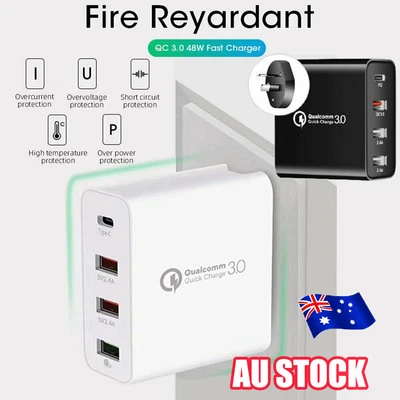 $17.17 • Buy QC3.0 48W PD Fast Charging Charger Multi USB Type C Wall AU Plug Adapter 4 Port=