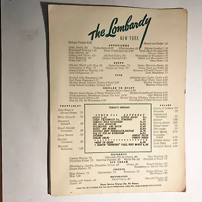 Vintage 1962 The Lombardy Restaurant New York City Lunch Menu • $12.99