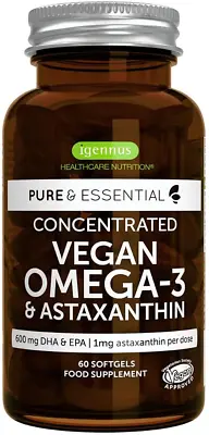 Pure & Essential Vegan Omega 3 Sustainable Algae Oil 1340mg DHA & EPA 600mg & • £19.31
