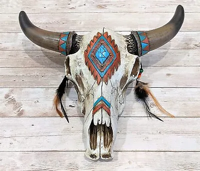 Rustic Vintage Southwest Tribal Bull Skull Feather Beeds Wall Hanging Decor Gift • $40.99