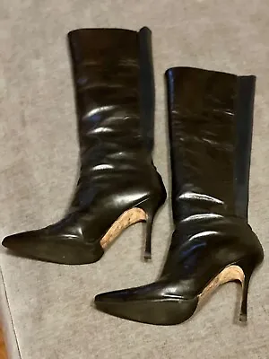 MANOLO BLAHNIK Stiletto Heeled Black Leather Knee High Boots Size 38.5 | US 8 • $230