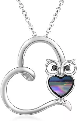 Owl Necklaces 925 Sterling Silver Abalone Shell Owl Heart Pendant Chain 18  Gift • $77.23