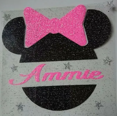 Personalised Hotfix Iron On Transfers Black Glitter Minnie Mouse Head +bow/stars • £4