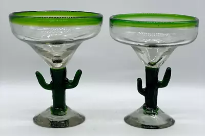 Hand Blown Green Rim Margarita Glasses Bubble Glass Cactus Stems Set Of 2 • $21.95