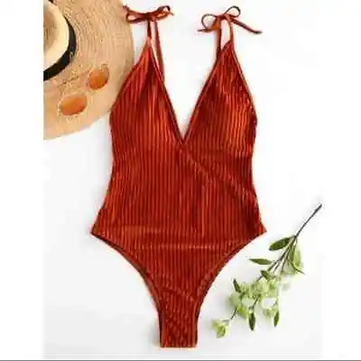 $8 • Buy Zaful Ribbed Velvet Backless Swimsuit One Piece Plunging High Cut Size 8 Rust